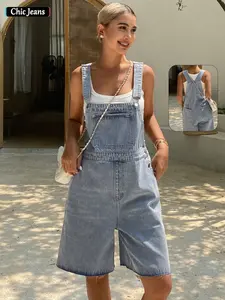 Women's Vintage Millennial Style Denim Overall Belted Adjustable Shorts, Classic Front Pocket Design, Trendy Retro Look, Summer Fashion Essentials