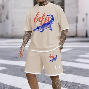 Men's Casual Style Crocodile Print Waffle Fabric Short-Sleeved Shirt And Shorts Set