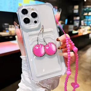 Transparent Cherry Illustration Phone Case, Cute Lanyard Design, Shockproof Thickened Protective Cover Compatible with iPhone Models 6-16 Pro Max