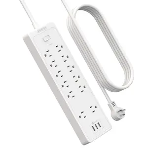 15 ft Extension Cord Flat Plug Power Strip, NTONPOWER 2100 Joules Surge Protector with 12 Outlet 3 USB Port, 1875W/15A, Overload Protection, Long Cord Wall Mountable for Home Office Accessories, White