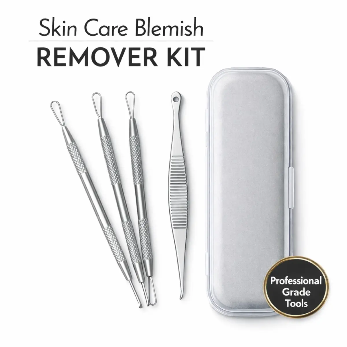 Double-Ended Pimple Extractor Tool Kit, Stainless Steel Blackhead & Blemish Remover Set for At-Home Facial Skincare, All Skin Types with Case, Compact, At-Home Grooming, Skin Clearing