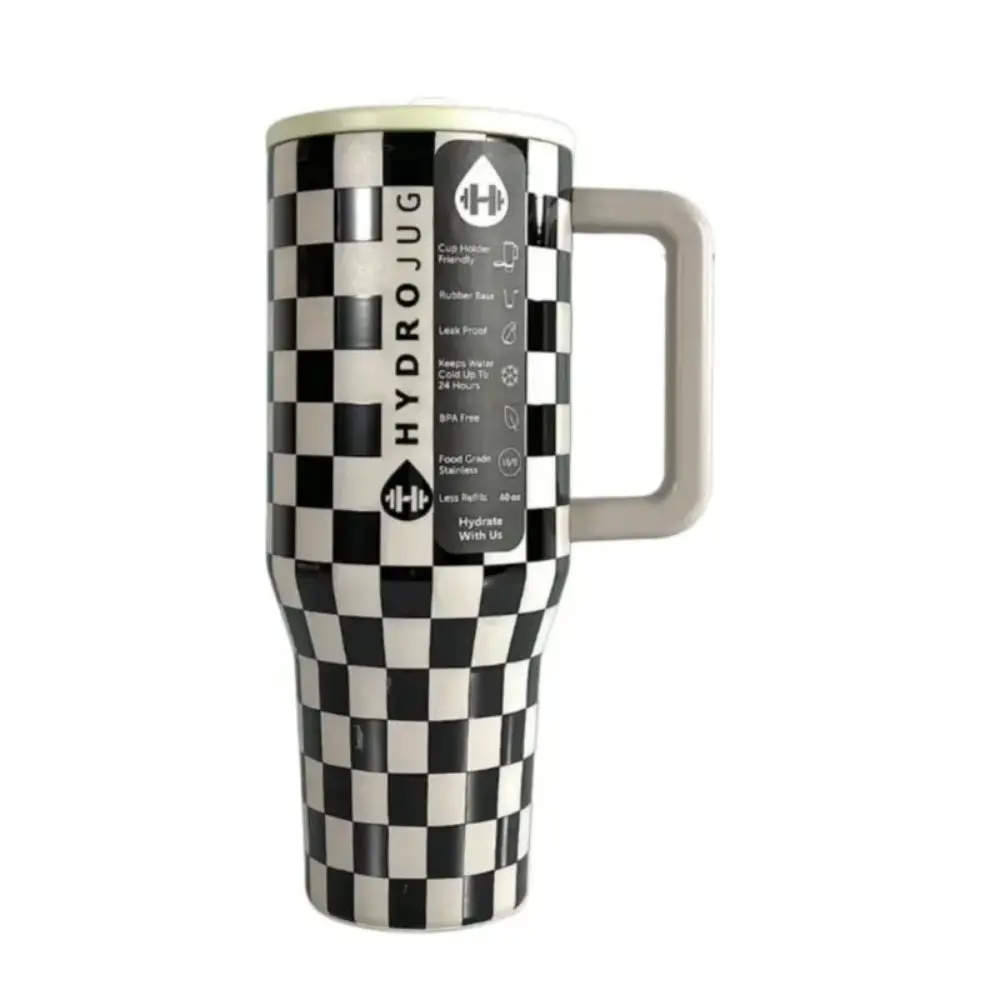HydroJug 40oz Portable Stainless Steel Vacuum Flask Tumbler - Halloween-Themed Black & White Grid Pattern, Rubber Base, 1000-2000ml Capacity, 7-12hr Insulation (for Thanksgiving, Valentine's Day)