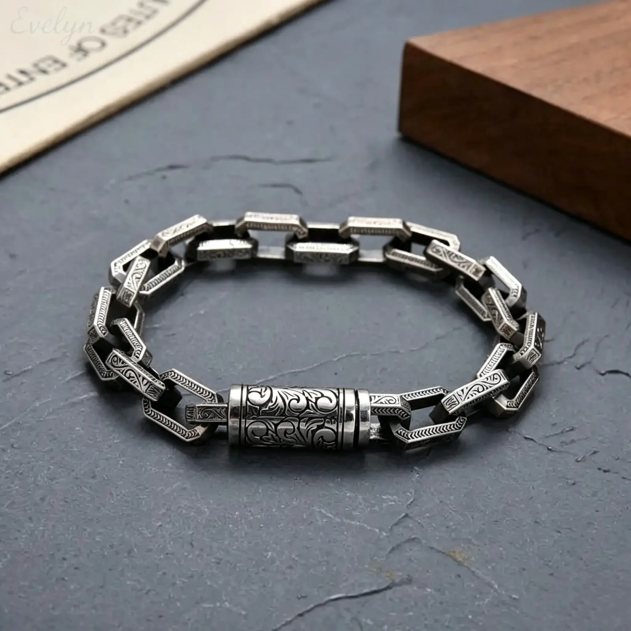 Men's Biker Link Chain Bracelet with Oxidized Finish, Chunky Vintage Style with Engraved Floral Pattern, Antique Silver Tone Metal Jewelry, Birthday Gift Idea, Birthday Gift Ideas, Biker Bracelets & Bangles, Chunky Retro, Floral Carved, Male Wear, Chunky