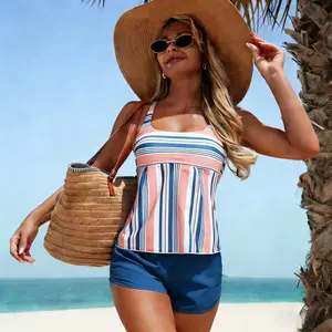 Women's Striped Two-Piece Tankini Set - Adjustable Strap Tank Top & Boy Short Bottoms, Trendy Beach Swimwear