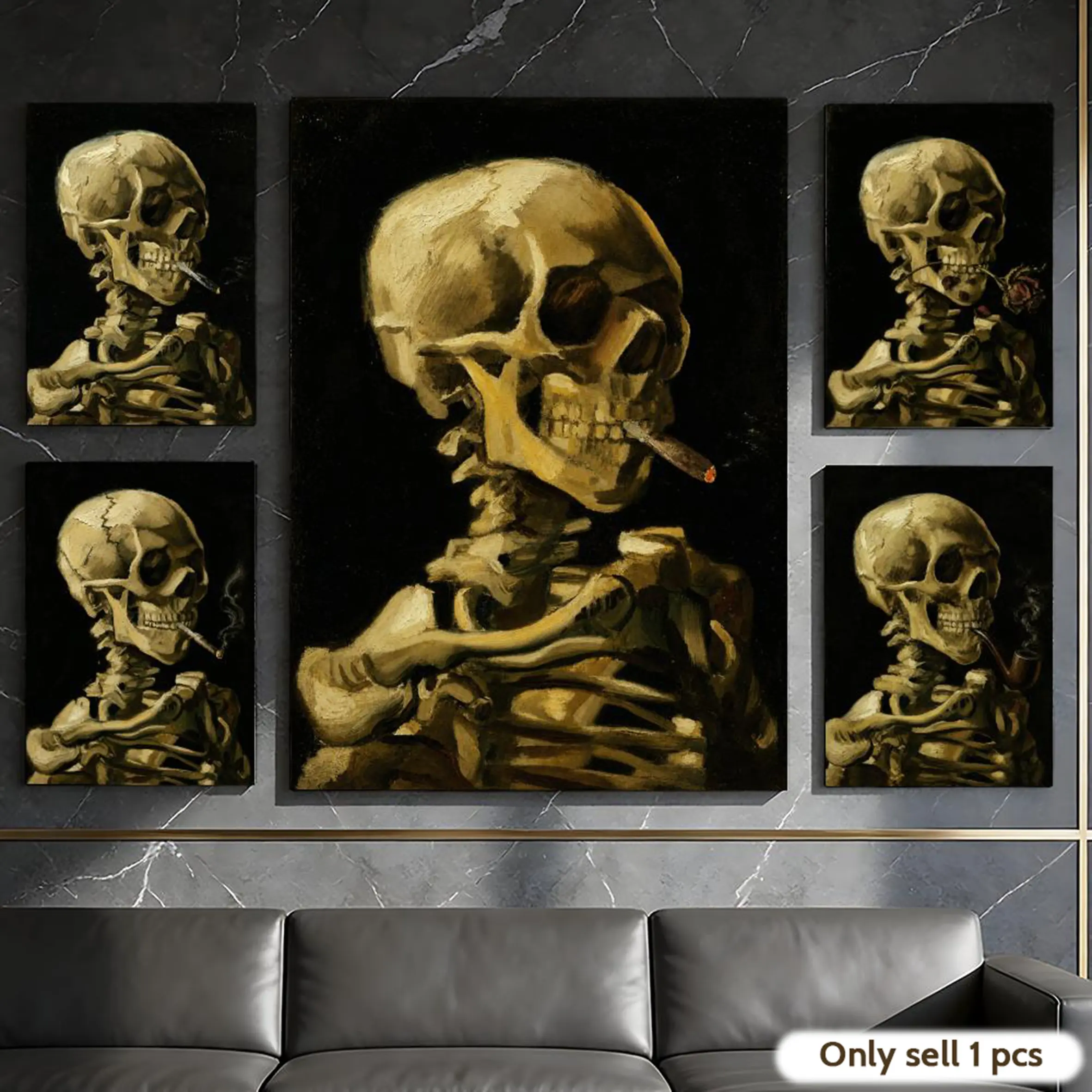 Van Gogh Skull with Cigarette Painting Calligraphy Aesthetic Framed Canvas Wall Art – Ready-to-Hang, Moisture-Resistant Print for Living Room, Bedroom, Home Office Décor – Modern Housewarming & Elegant Gift