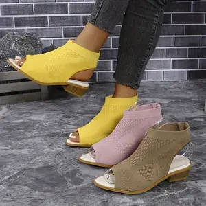 Women's Knitted Chunky Heel Sandals Open-Toe Slip-On High Heels Casual Fashionable Stretch Shoes Girl Footwear Ladies Sandals Summer Design Elegant Yellow Nail