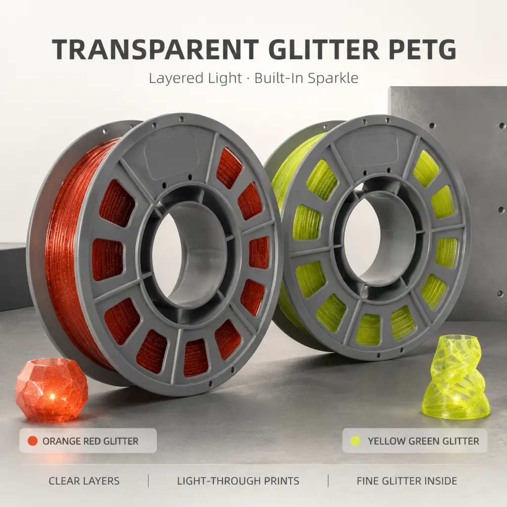 2 Pack Transparent Glitter PETG 3D Printer Filament, Crystal Red & Greenish Yellow, 300g×2 Mini Spools, 1.75mm±0.02mm, Low Warping, Less Stringing, Sparkling Translucent Glitter Finish, Light Through, Compatible with Most FDM Printers