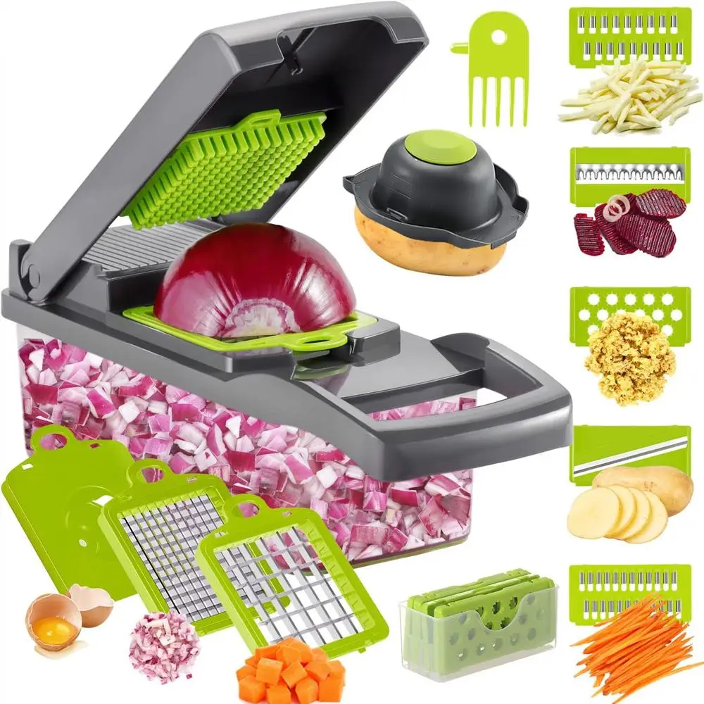 Kitchen Gadgets Vegetable Chopper with Container Set, Multifunctional Manual Vegetable Chopper Set, Portable Fruit & Vegetable Washing Drain Basket Se