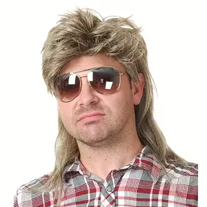 Voluminous 120% Density Mullet Wig Retro 80s Men's Business Inspired Costume Accessory Synthetic Fibers Curly Wave Design Rose Net Cap for Party Outfits Cosplay