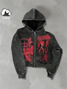 Men's and women's versions, Casual, of zipper-hooded sweatshirt jackets, a TikTok trend, Cotton zipper-hooded sweatshirts featuring Gothic text, angels, crosses, eye motifs, design distressed and avant-garde