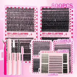 DIY Eyelash Extension Kit, Diy Lash Tools, 800Pcs/740Pcs Cluster Eyelash, D Curl Individual Lashes with Glue, Tweezer and Brush, 10-18mm Natural Look Cluster Extensions Kit, 30D-100D Mixed Style False Eyelashes for Beginners, Travel, DIY Makeup