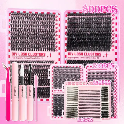 DIY Eyelash Extension Kit, Eyelash Extension Supplies, Lash Tools, 800 Pcs Eyelash Clusters, D Curl Lashes with Glue, Tweezer & Brush, 10-18mm Cluster Extensions, 30D-100D Eyelashes for Beginners, Travel & DIY Makeup