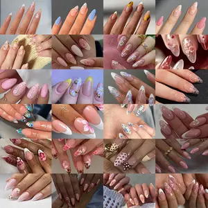 576pcs Long Almond Shape 3D Gel Nail Set, Flower Design, French Tips, Acrylic False Nails, Glossy Fake Nails, Includes 4 Jelly Glue & 2 Nail Files