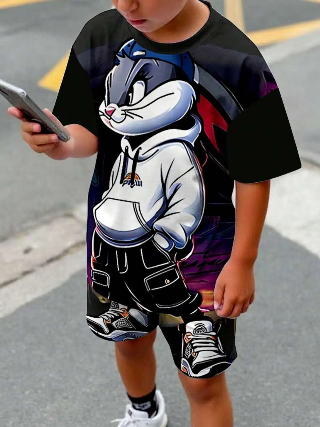 Boys' Cartoon Rabbit Print Short Sleeve Shorts Set, Casual Street Style Two-Piece, Summer Clothing Set, Perfect for Leisure Wear