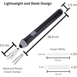 Portable automatic electric eraser powered by batteries, with 22 replaceable rubber refills for graphite technical drawing, art sketching, and black use.