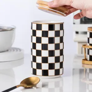 Kitchen Countertop Ceramic Checkered Canisters,Black And White  Storage Containers With Lid,Airtight Kitchen Canisters for Flour, Sugar, Coffee, , and Dry Goods (Black, Large)