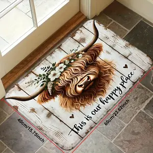 1pc Charming Floral Highland Cow Door Mat - Vintage Wood Grain Design, Non-Slip & Machine Washable, Soft Polyester Fabric for ,Garden Entryway -  Home Decor with "This is Our Happy Place" Text, Washable Area Mat Set Bathroom floor mat Doormat rug bath