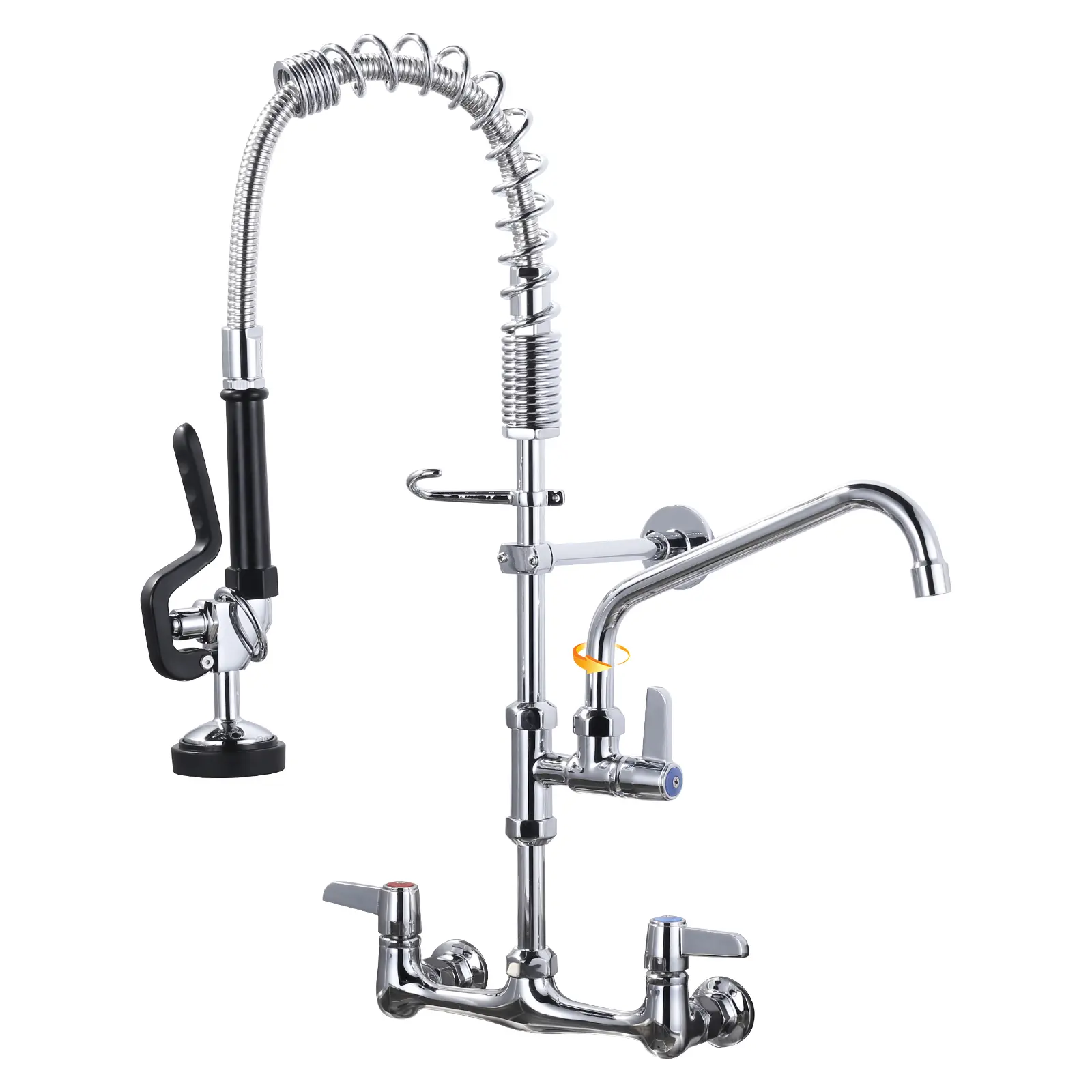 WOWOW Double Handle Chrome Finish Wall-Mount Kitchen Faucet - Commercial Restaurant & Garden Fixture, 25" High Sturdy Brass Body, Pull-Down High Arc Sprayer, 9.6" Pot Fill Swing Spout, Flexible Hose, Durable Multi-Purpose