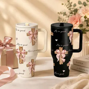 40oz Christian Faith Insulated Tumbler Mug with Handle and Straw Lid, He Is Good Cross and Pink Bow Print, Double-Wall Vacuum Mug, Vacuum Insulated Cup, for Hot and Cold Drinks, Large Capacity Car Travel Mug