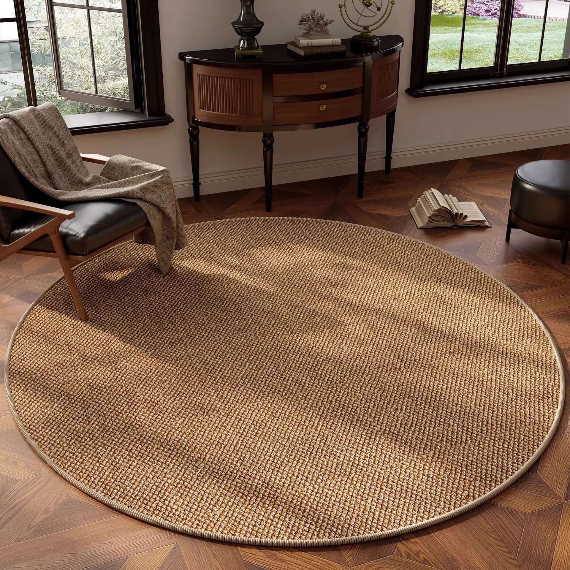 PINSOUL Natural Woven Round Retro Area Rug - Hand-Braided Jute & Sisal Circle Rug with Anti-Slip Backing, Stain-Resistant, Easy-Clean Low-Profile Mat for Living Room, Bedroom, Modern Farmhouse Decor, Retro Area Rugs