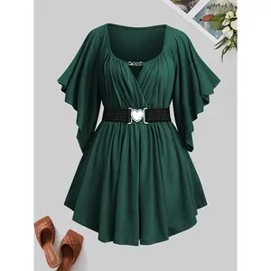 Plus Size Women's Valentine's Day Elegant Peach T-Shirt, Paired with Metal Heart Buckle Belt - Casual Ruched Short Sleeve, V-Neck Top, Spring Summer, Polyester, Valentine's Day T-Shirt