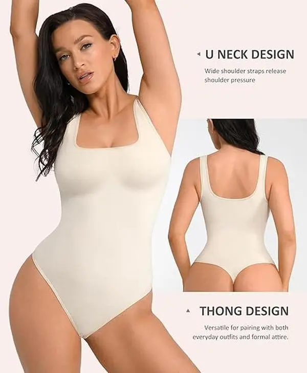 FeelinGirl Bodysuits for Women Seamless Round Neck Tummy Soft Shapewear Bodysuit Going Out Tank Tops Basic Comfort