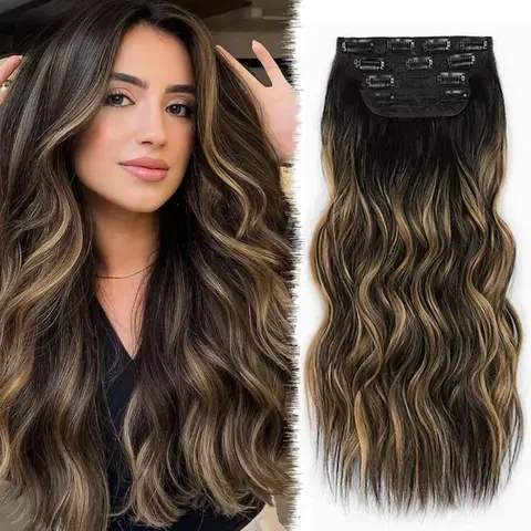 Women's Synthetic Clip Hair Extensions - 20/24in Natural Wavy Synthetic Curly Hairpieces with BB Clips, Soft, Easy to Wear, Blend Well, 24 Inch-Brown Mixed Blonde Tones, Low-Fuss Upkeep for Daily Use & Ceremony, Charming