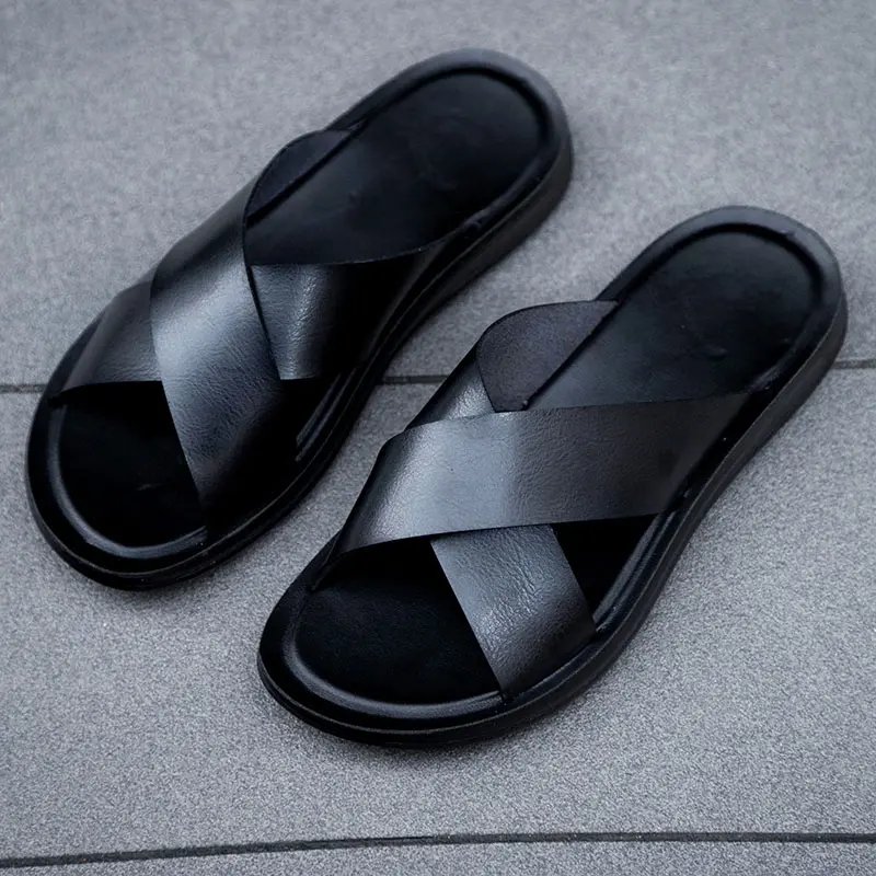 Men's Anti-Slip Leather X-Strap Sandals - Stylish Casual Summer Beach Slides for Every Occasion