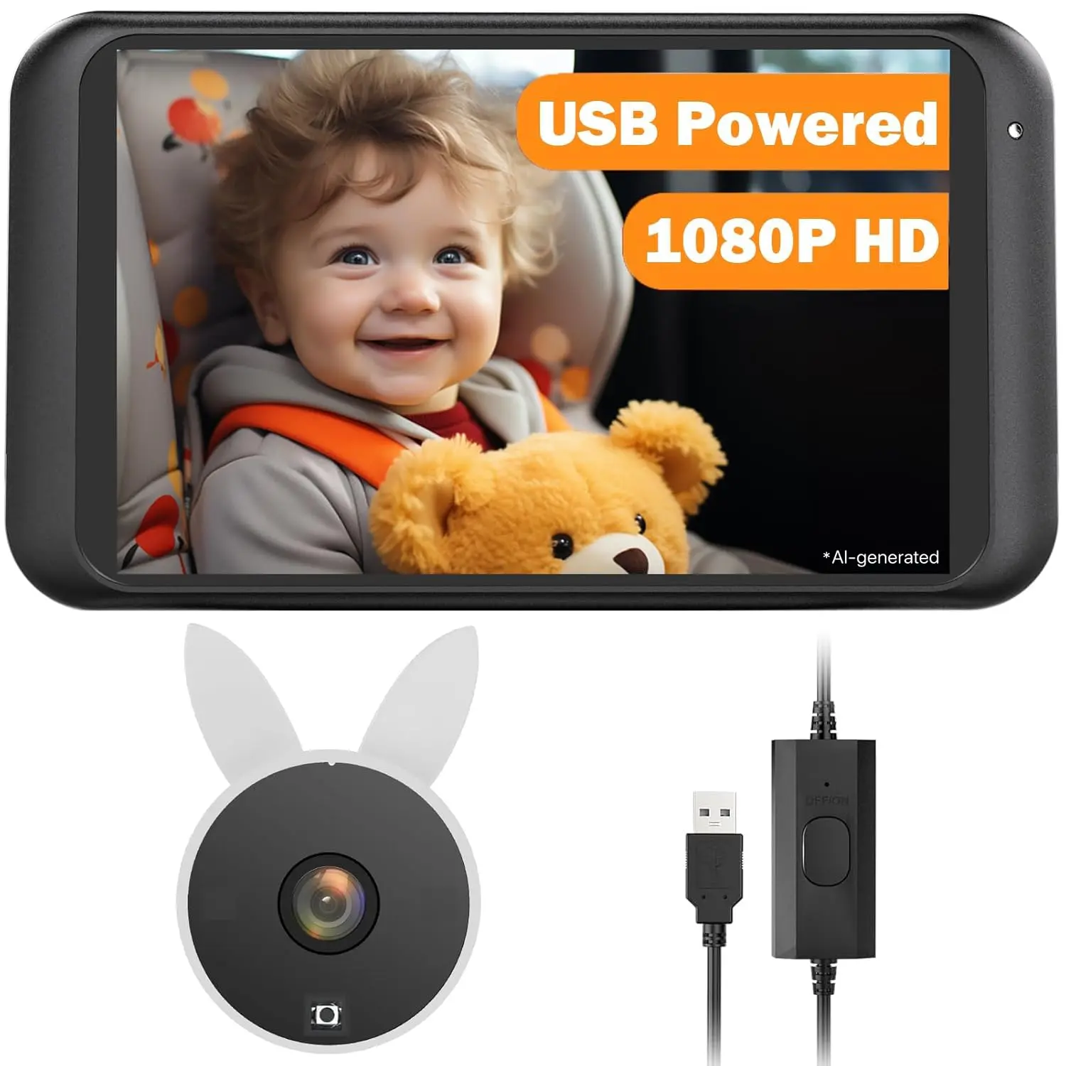 Babyvue USB Backseat Car Camera, Car Seat Monitor with 1080P HD, Easy Installation, Auto IR Night Vision, 360° Rotating Design for Rear-Facing Infants & New Parents