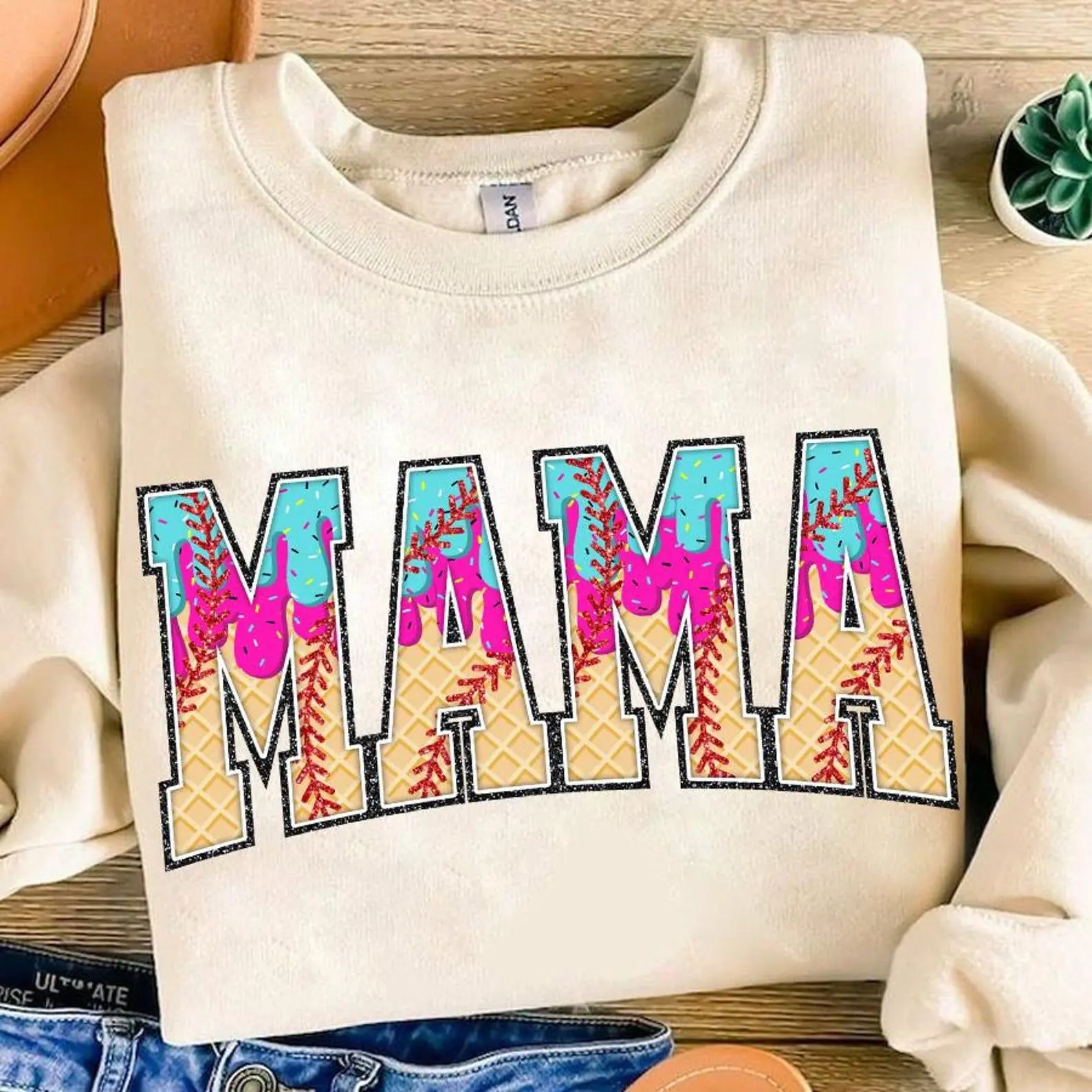 Baseball Mama Ice Cream Drip Varsity Glitter Effect Brushstroke Waffle Game Day Retro Crewneck Sweatshirt, Baseball Mama Dripping Sweater