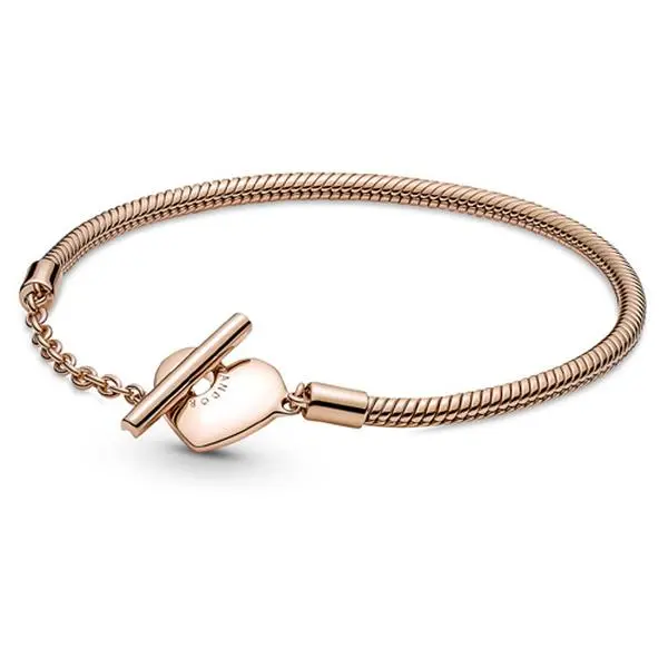 Pandora Moments Heart T-Bar Snake Chain Bracelet for Adults, Modern Rose Gold Silver Bracelet with Secure Closure & T-Bar Double Circle, 589285C00-20, Unisex, Link Silver Bracelets & Anklets