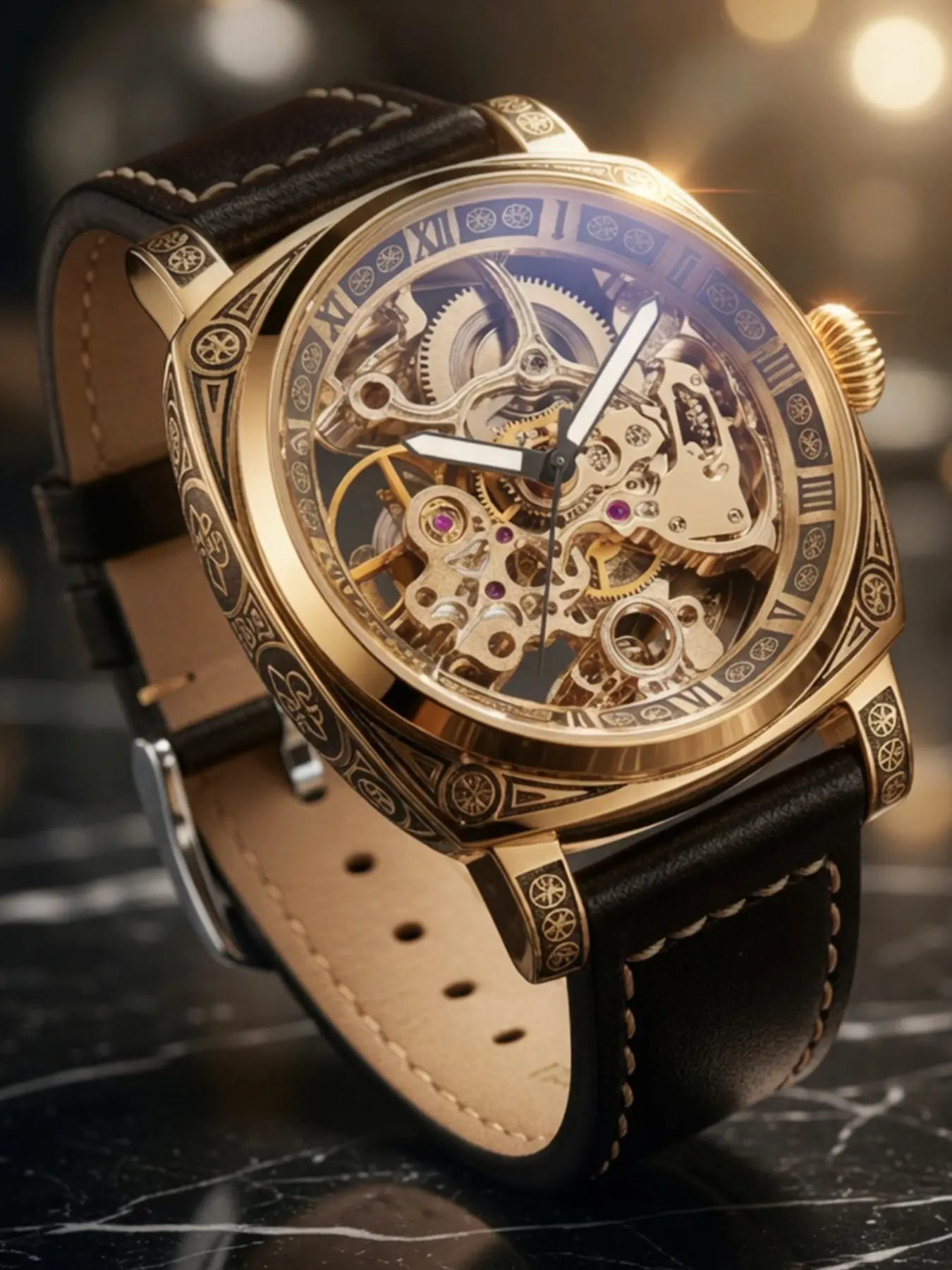 Men's Mechanical Watch Hollow-Out Design, Ruby Details, Leather Strap, Analog Display, Business Casual Wear