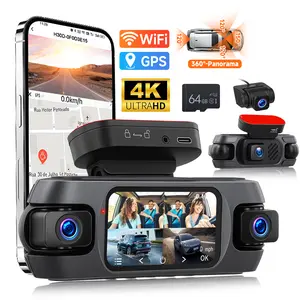 4K Wi-Fi Multi-Channel Car Dash Camera with Front, Rear, Inside, Left, and Right 4-Channel 360° Dashcam for Cars, Super Night Vision, App Control, G-Sensor, GPS, Reverse Assistance, Loop Recording, 64GB SD Card