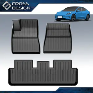 CROSSDESIGN All-Weather Floor Liners, Anti-Slip TPE Material, Full Coverage for 24-25 Tesla Model 3 Front & 2nd Row, 3-Pc Black Upgrade Version