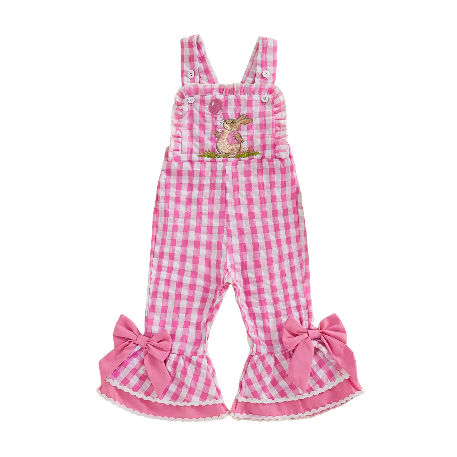 Baby Girl Clothes, Toddler Bodysuit Outfit - Cute Sleeveless Plaid Bell Bottom Overalls with Rabbit Embroidery for Easter