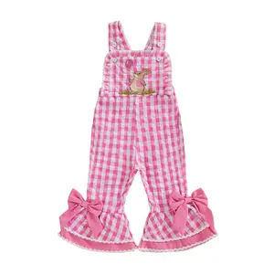 Cute Toddler Girls Easter Bunny Romper - Sleeveless Plaid Bell Bottom with Rabbit Embroidery Overalls