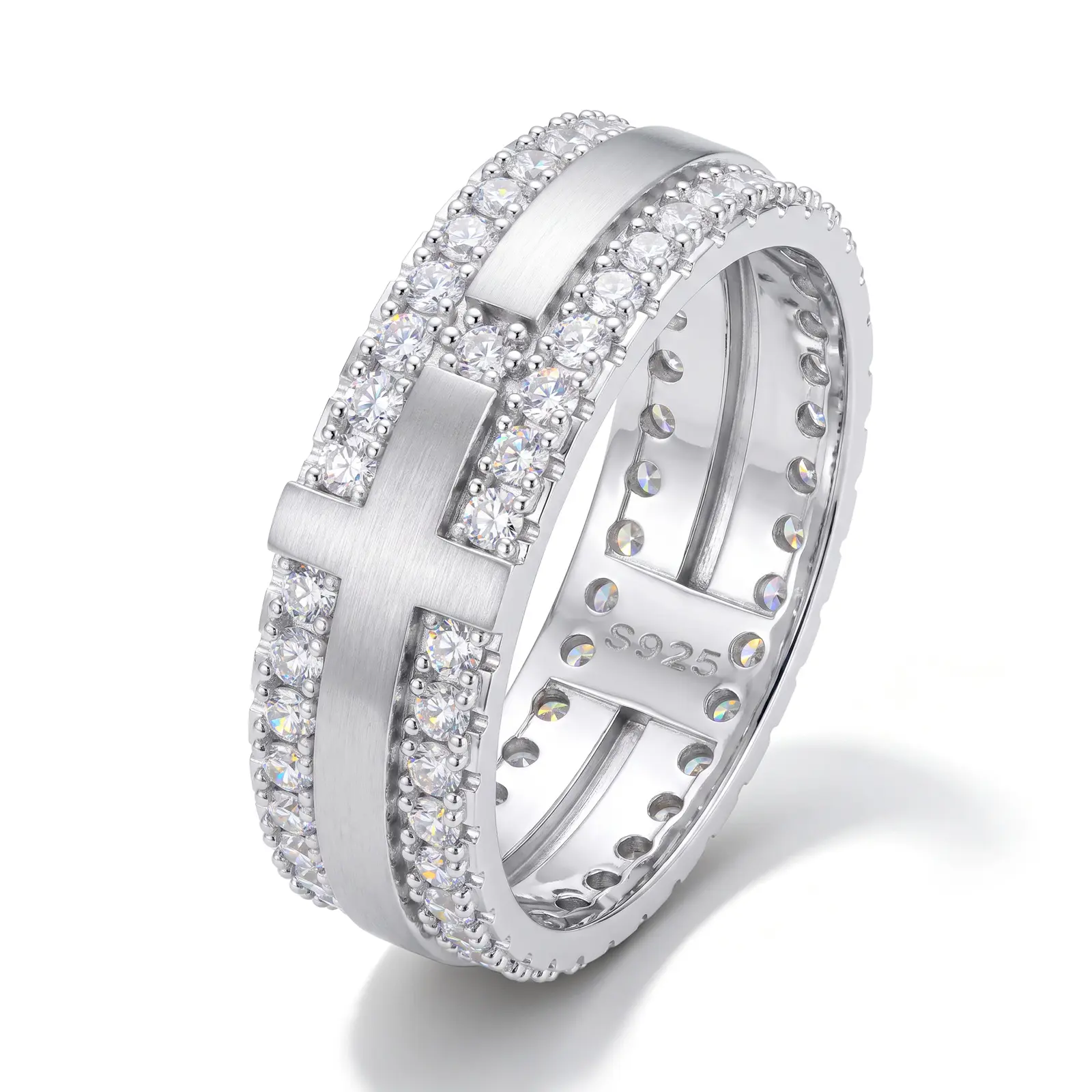 UCCIYO 14k gold-plated 925 sterling silver moissanite women's cross ring, brushed double row surface, modern faith jewelry [# R772]