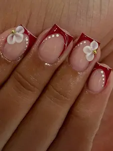 10pcs Romantic Square Press-On Nails, Red French Edge with White Flower, Polka Dot & Gold Bead Design