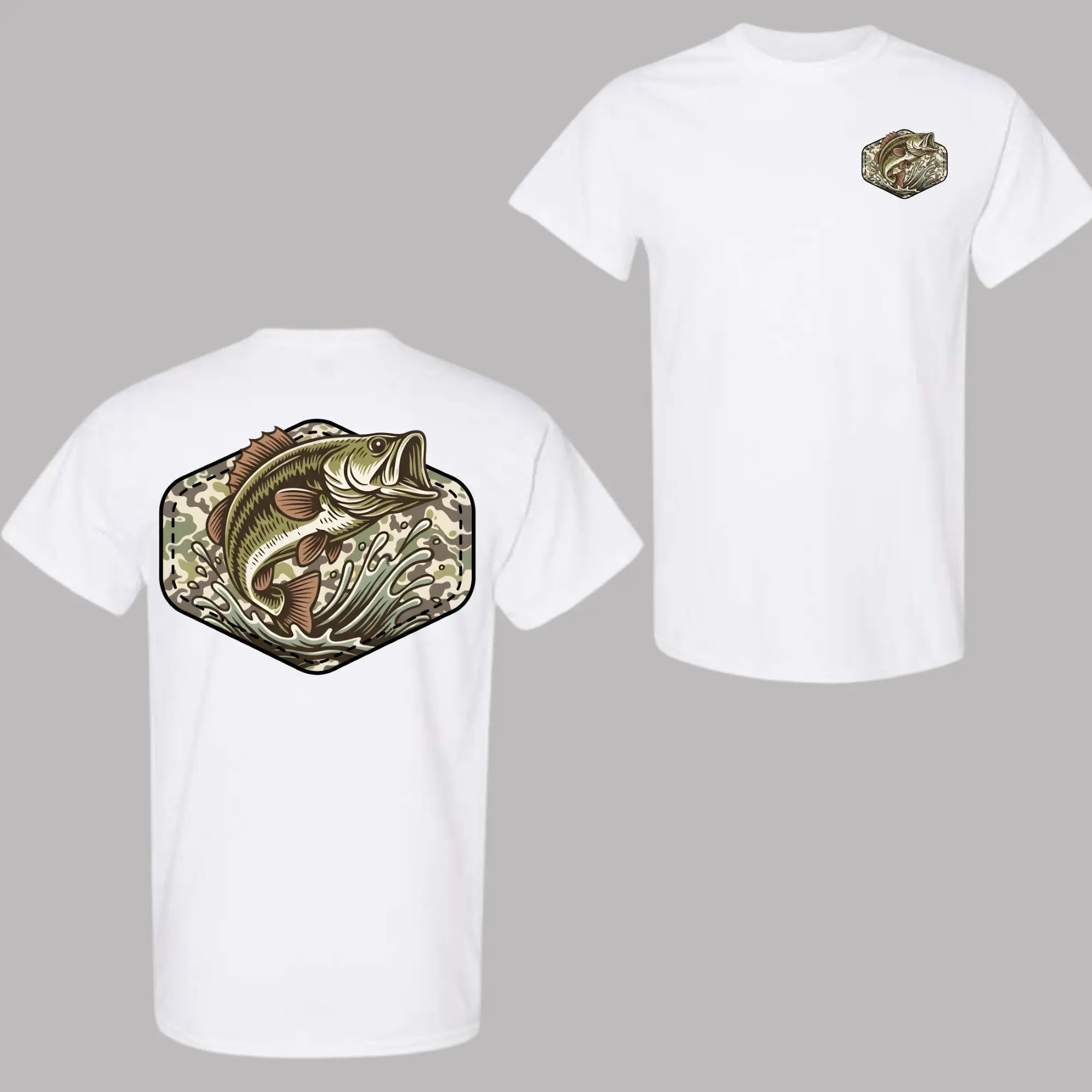 Camo Bass Splash Tee – Classic Fishing Graphic Shirt, Outdoor sports t-shirts, gifts for men and women.