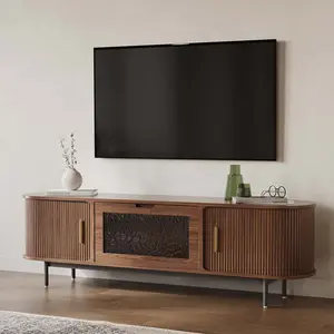 70.87" Mid-Century Modern Tambour Door TV Stand,Walnut Color Rolling Door TV Console,  Water-textured Glass Door Media Console