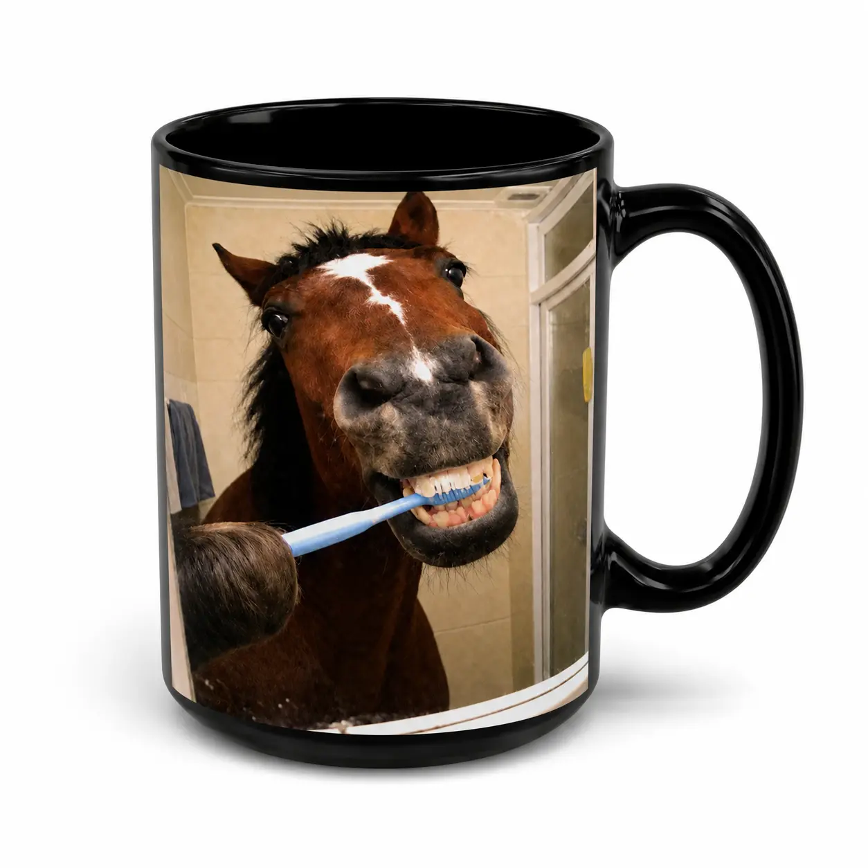 Funny Horse Brushing Teeth Reusable Ceramic Cup - 11oz-15oz Classic Animals-Themed Gingham Drinkware, Weird Meme Gag Gift for Coworker, Ideal Father's Day Birthday Present