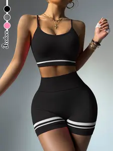 Women's Striped Print Sports Bra & Colorblock High Waist Shorts Tracksuit Set, Sporty Adjustable Strap Sports Style Bra & Skinny Shorts, Workout Gym Yoga Exercise Clothing Set for Women, Summer Sportswear, Yoga Gym Activewear