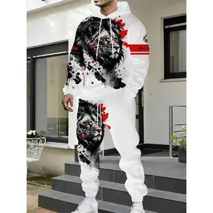 Men’s casual two-piece set featuring a lion print hoodie and sweatpants; spring and autumn fashion outfit; menswear polyester animal-print floral top/suit fabric gamis