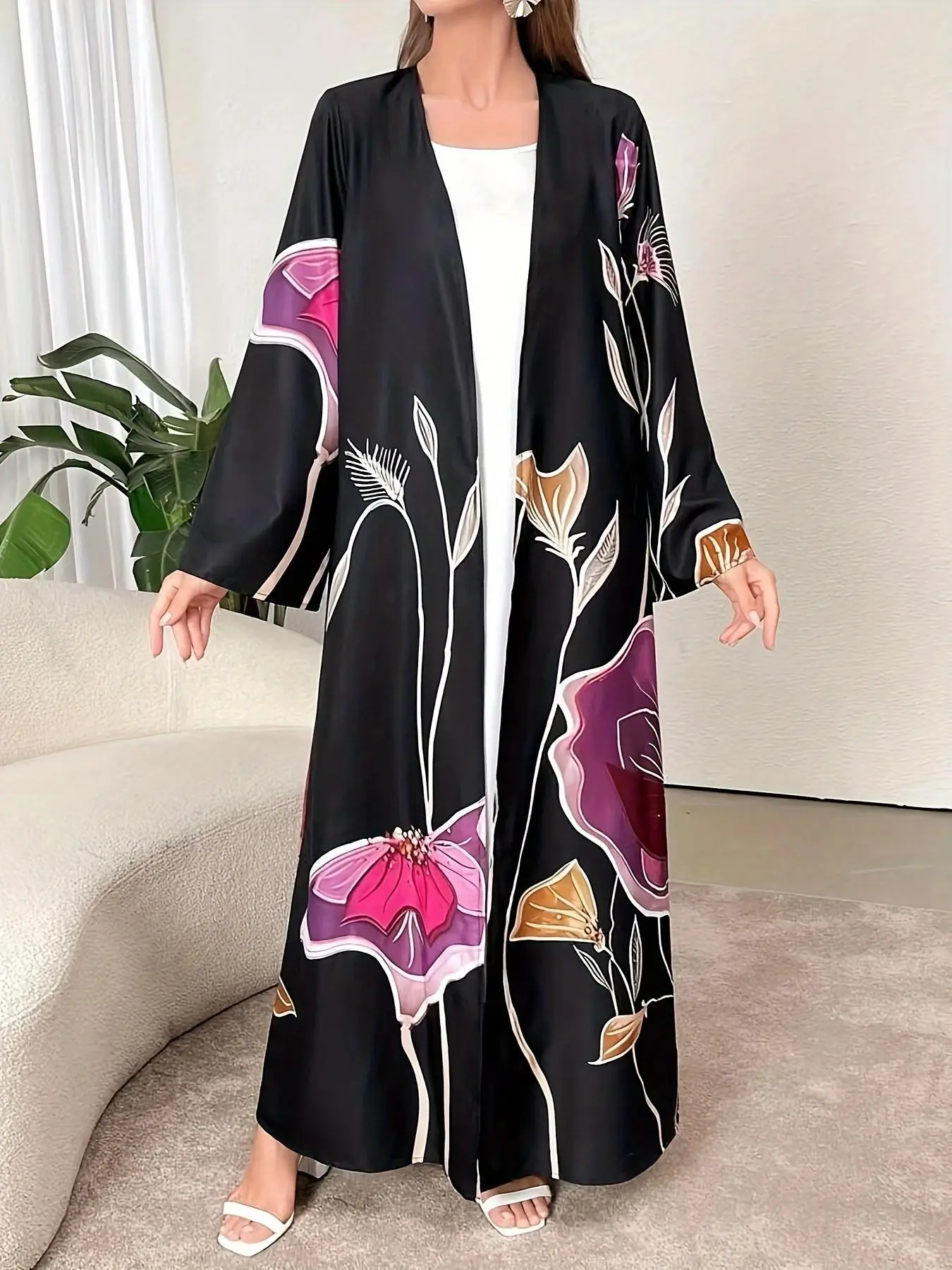 Women's Floral Print Open Front Abaya, Modest Long Sleeve Muslim Abaya for Daily Wear, Women's Islamic Clothing for All Seasons