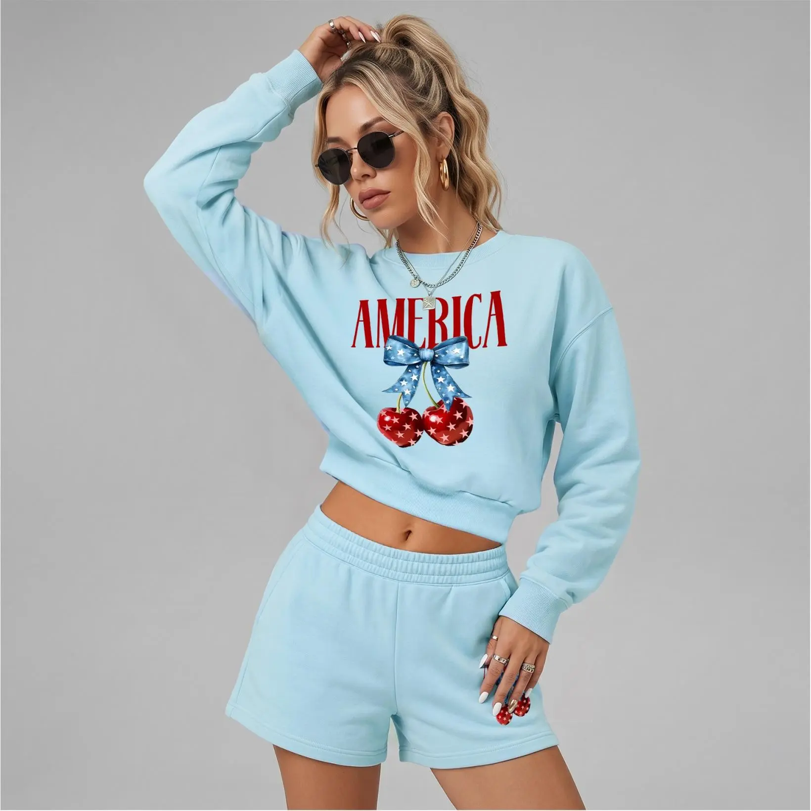 Women’s America Cherry Bow Graphic Crewneck Short Sleeve Sweatshirt & Drawstring Shorts Set, Trendy Casual Two Piece Outfit