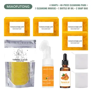 Lemon Kojic Acid Turmeric Skincare Cleansing 9-Piece Set – Includes Cleansing Mousse, Turmeric Acid Soap, Turmeric Essential Oil, and Turmeric Cleansing Towels, for Full Body Cleansing, Skincare, and Moisturizing. Dark Spot Remover Beauty Kit jet set