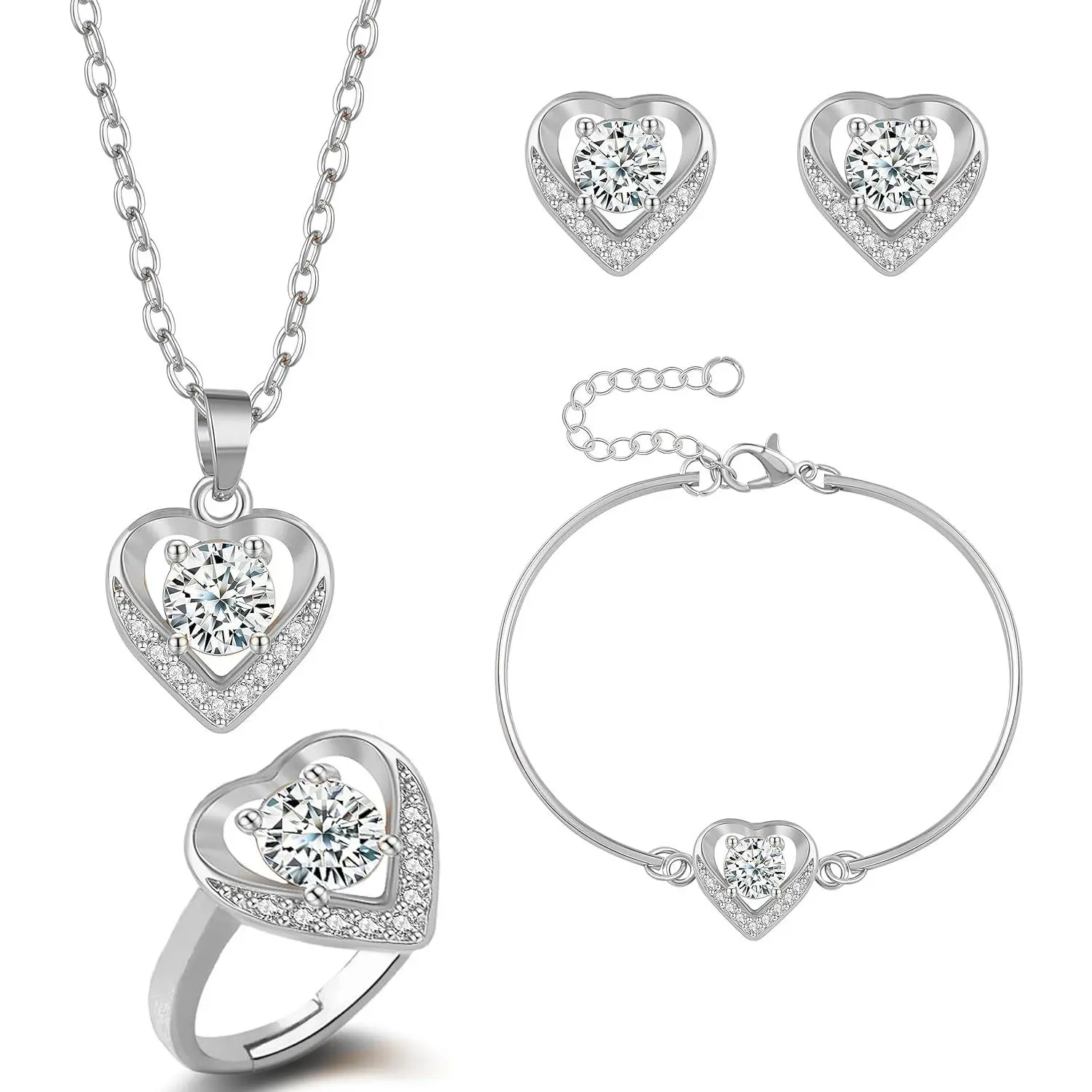 4 count Cubic Zirconia Wedding  Sets for Bride Bridesmaid Cubic Zirconia Pendant Necklace Earrings Link Tennis Bracelet Open Ring Set for Women