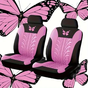 4pcs Pink Butterfly Design Car Seat Covers - Polyester Fabric with Black & White Butterfly Embroidery. Front Seats Only, Stylish Vehicle Interior Decor, Durable Crafted Detailing. Chic Butterfly Car Accessories for Seat Protection & Style.