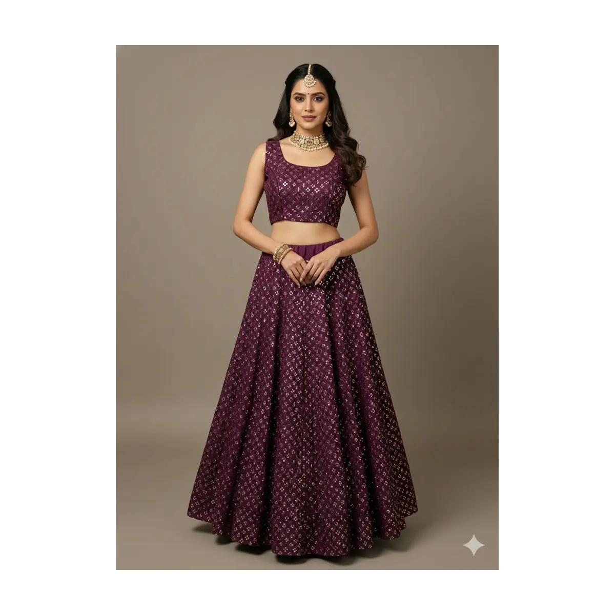 #K22 Plum Mirror-Work Lehenga Set (Blouse + Skirt)