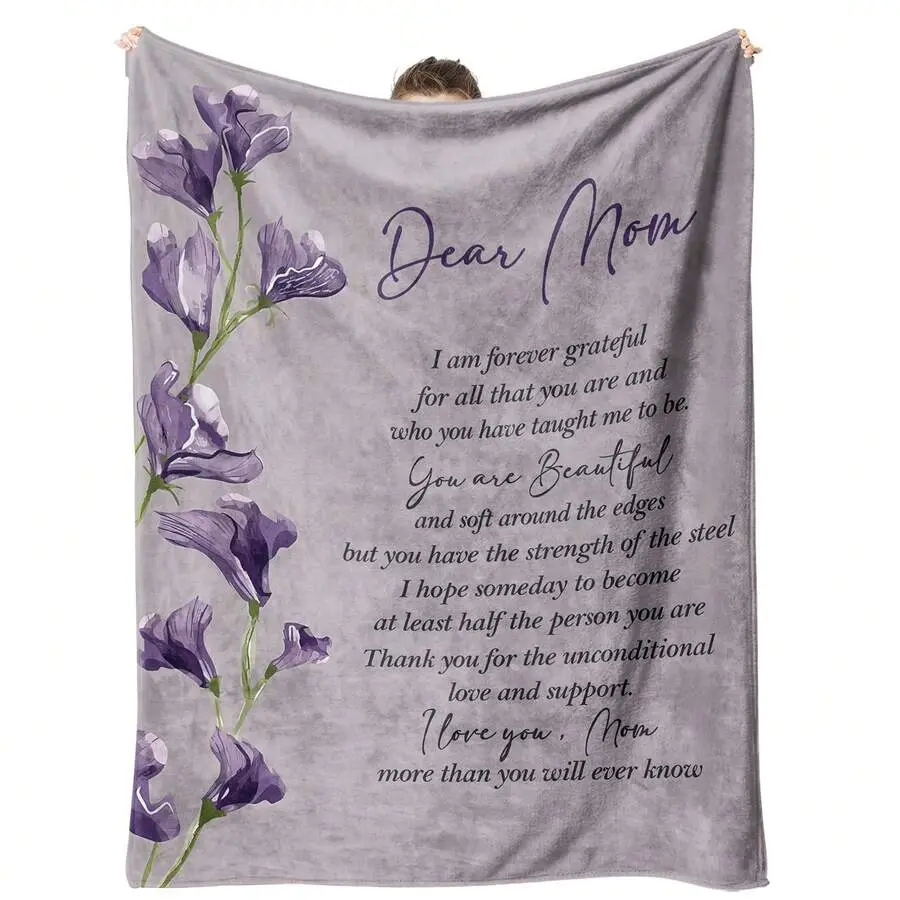 Soft Flannel Throw Blanket - Heartfelt Mother's Day/Birthday Gift, 30x40inch (for babies), Purple Floral, "Dear Mom" Message, Wrinkle Resistant, All-Season Cozy Bedding/Sofa Accessory for Home Use